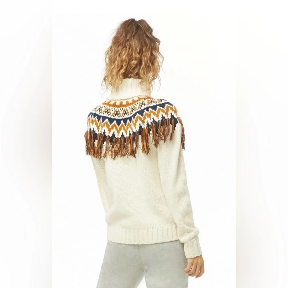 Forever 21 Cream Navy Blue Nordic Boho Fair Isle Fringe Sweater Women’s Sz M - Picture 4 of 8